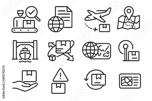 Parcel Tracking Icons. Line style icons of international parcel tracking: customs scan event, import/export document icon, package