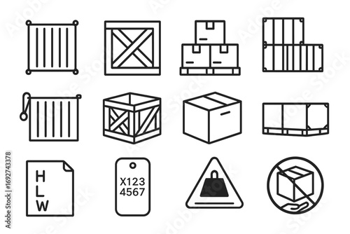 Container and Crate Icons. Line style icons of shipping containers and crates: metal shipping container icon, wooden crate symbol,