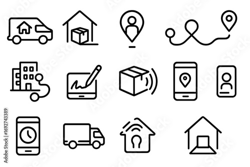 Last Mile Shipping Icons. Line style icons of last mile shipping: delivery van with home icon, parcel at doorstep, customer