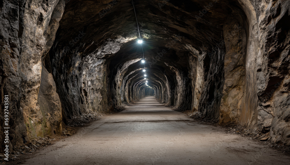 Fototapeta premium Exploring a dimly lit underground tunnel with rocky walls and artificial lighting