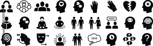 Psychology and mental health icons showing communication, therapy, meditation, emotion, brain function, relationships, cognitive processes, and personal well-being.