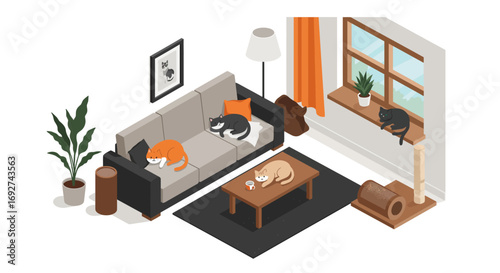 Cozy isometric living room with cats resting on sofa and window sill