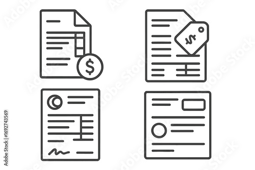 Invoice Line Icons. Line style icons of basic invoices: invoice document with total, itemized charges list, invoice number tag,