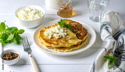 Pancakes topped with cheese and mint