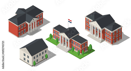 Isometric school building set with courtyards and green spaces