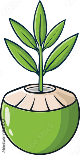 A cartoon illustration depicts a green coconut with a plant sprouting from its top, showing fresh growth.