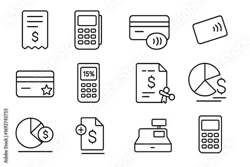 POS Transaction Line Icons. Line style icons of POS transaction types: cash payment receipt, card swipe terminal, contactless