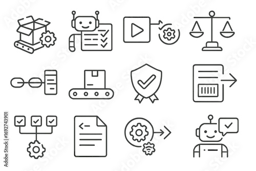Order Automation Icons. Line style icons of order automation: automated fulfillment icon, bot-managed order screen, workflow