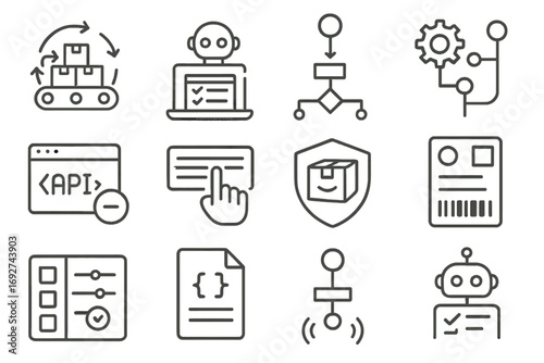 Order Automation Icons. Line style icons of order automation: automated fulfillment icon, bot-managed order screen, workflow