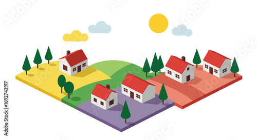 Colorful isometric countryside landscape with houses and trees under the sun