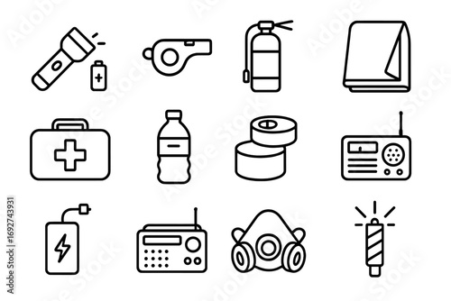 Emergency Supply Icons. Line style icons of emergency supplies: flashlight with battery, emergency whistle, fire extinguisher icon