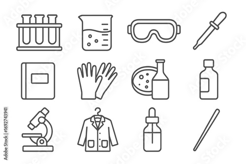 Lab Equipment Icons. Line style icons of laboratory supplies: test tubes rack, beaker with liquid, safety goggles, pipette tool;