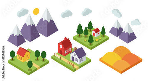 Colorful isometric landscape with houses, trees, and mountains