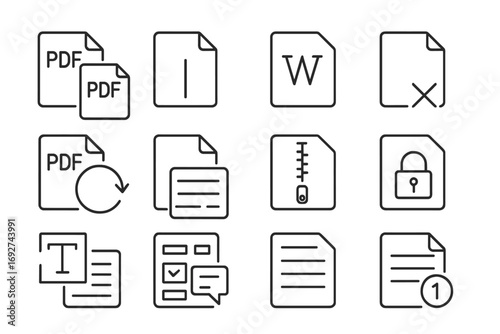 PDF Editing Icons. Line style icons of PDF editing & utilities: merge PDF, split file, add watermark, delete page; rotate PDF,