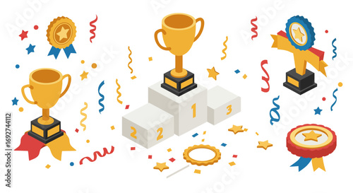 Isometric trophy and award set with ribbons and confetti for celebration