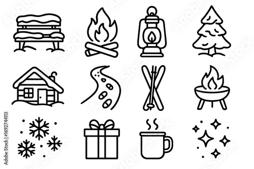 Winter Outdoor Icons. Line style icons of winter outdoor coziness: snow-covered bench, campfire, lantern, pine tree; cabin in snow