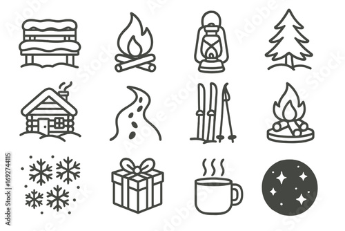 Winter Outdoor Icons. Line style icons of winter outdoor coziness: snow-covered bench, campfire, lantern, pine tree; cabin in snow
