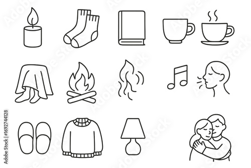 Hygge Essentials Icons. Line style icons of hygge essentials: candle flame, thick socks, closed book, slow tea; blanket over legs,