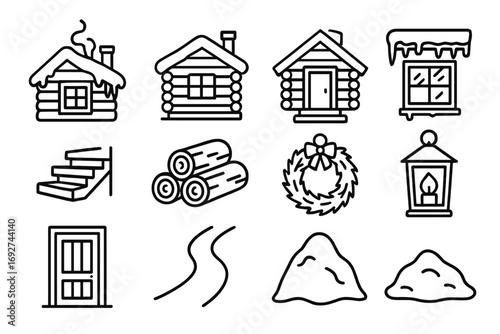 Winter Cabin Icons. Line style icons of winter cabin exteriors: snowy roof, chimney smoke, icicle line, frosted window; porch
