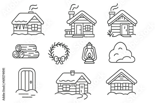 Winter Cabin Icons. Line style icons of winter cabin exteriors: snowy roof, chimney smoke, icicle line, frosted window; porch