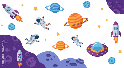 Space adventure for kids: rockets, planets, and astronauts in a fun cartoon design