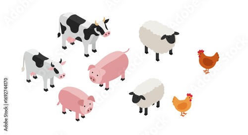 Isometric farm animals: cows, pigs, sheep, and chickens for agriculture and farming themes