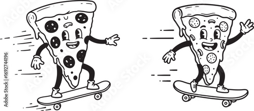 Funky pizza slices skateboarding silhouette