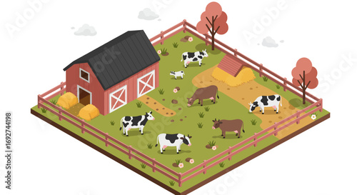 Isometric farm scene with cows and barn in pastel colors