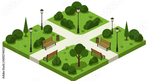 Isometric urban park with paths, benches, and trees