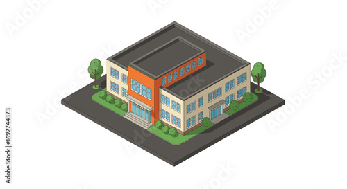 Isometric school building with trees in urban setting: modern architectural design