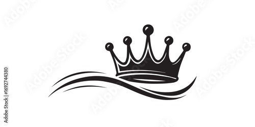 Black and white illustration of a crown with decorative waves Keywords: crown, royalty, king, queen, monarch, symbol, icon, graphic, design, illustration, black and white, monochrome, isolated
