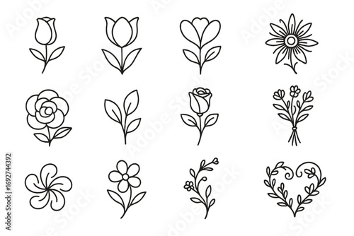 Romantic Floral Line Icons. Line style icons of romantic floral outlines: rosebud, open tulip, heart petal bloom, passionflower;