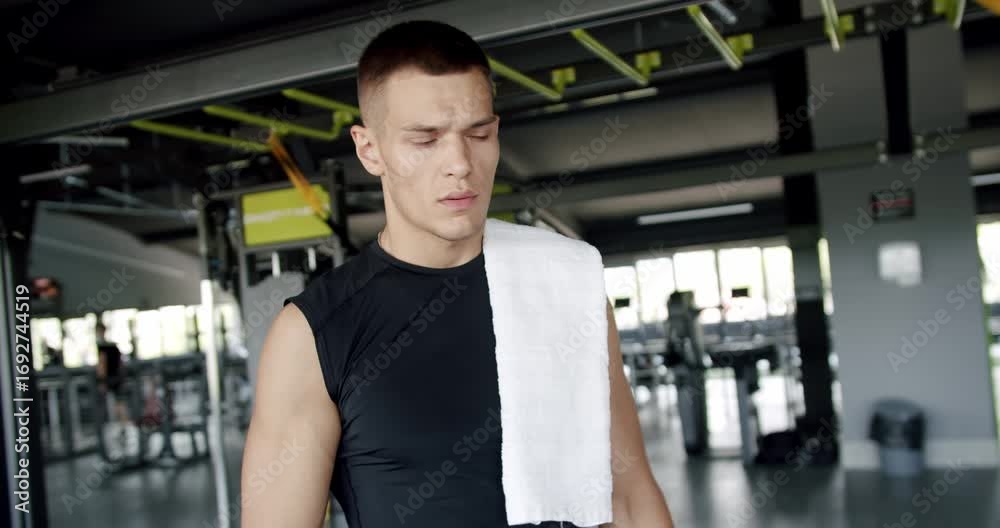 A confident young man holding a towel stands in a gym, showcasing his focus and fitness after a workout. Focused Man with Towel in Gym Post-Workout, Determination and Strength