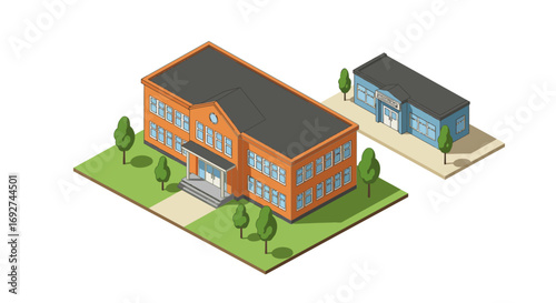Isometric school buildings on grass and pavement with trees