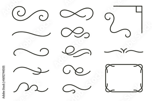 Monoline Decorative Icons. Line style icons of monoline decorative accents: swirl detail, end curl, loop accent, corner line;
