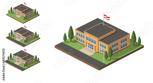 Isometric school building with flag and trees in various sizes