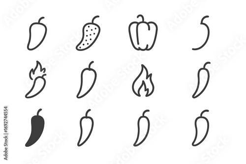 Minimal Pepper Icons. Line style icons of minimal pepper symbols: small pepper outline, dotted chili, abstract bell shape, stem