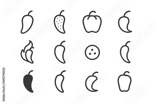 Minimal Pepper Icons. Line style icons of minimal pepper symbols: small pepper outline, dotted chili, abstract bell shape, stem