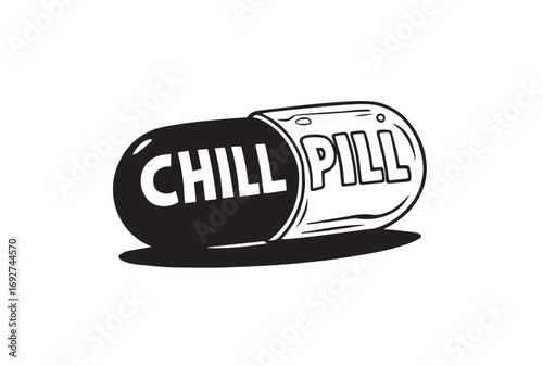 Black and White Illustration of a Pill Capsule with " CHILPILL" Text medicine drug