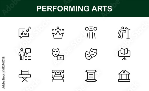 Performing Arts Professional Line Icon Set – Modern Minimal Vector Collection for Theater, Dance, and Music