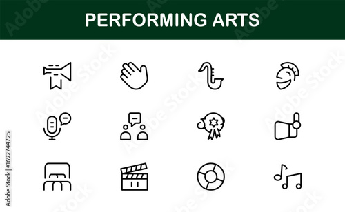 Performing Arts Professional Line Icon Set – Modern Minimal Vector Collection for Theater, Dance, and Music