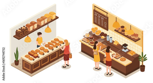 Charming isometric bakery scene with people choosing freshly baked goods