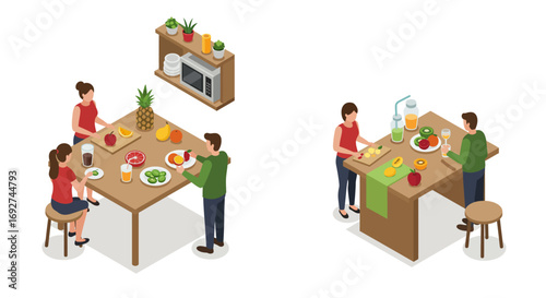Isometric family cooking and eating in modern kitchen