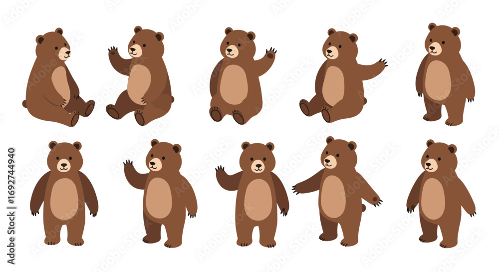 Fototapeta premium Cute brown bear in various poses on white background