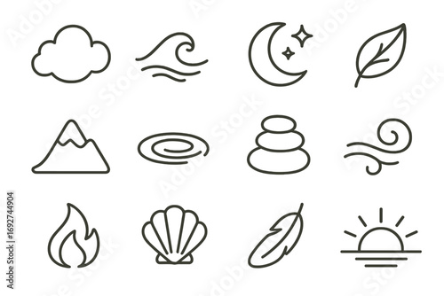 Peaceful Line Icons. Line style icons of peaceful objects and symbols: soft cloud, calm water wave, moon with stars, floating leaf