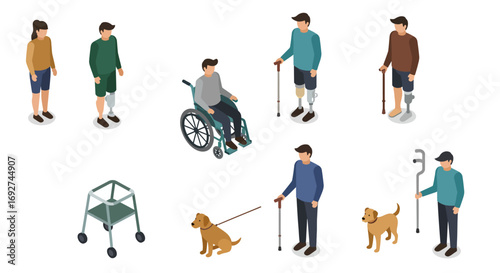 Isometric disabled people with assistive devices and service animals