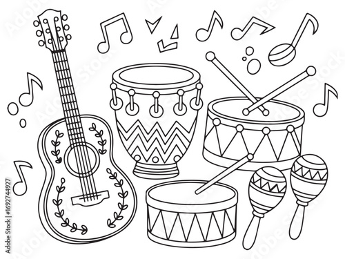 Sketch of Musical Instruments: Guitar, Maracas, and Drums in Creative Art