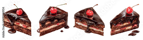 Watercolor set of chocolate cake pieces. Chocolate cake drizzled with chocolate glaze and topped with whipped cream. Piece of cake with cream and berries. Sweet birthday elements.