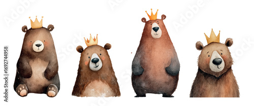 Set of cute bears in golden crowns watercolor. Cartoon brown bears in golden crowns. Children's cute forest characters. Characters for children's birthday designs.