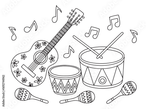 Colorful Hand-Drawn Instruments: Guitar, Drums, and Maracas with Notes